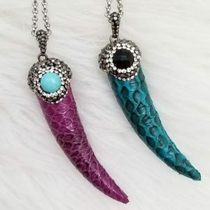 Purple Pink Leather Horn Pendant Necklace SS chain